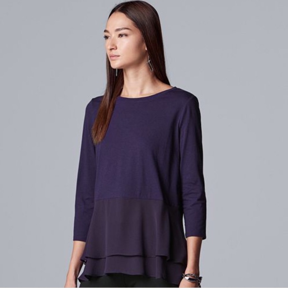 SIMPLY VERA WANG Black Chiffon Peplum Tee 3/4 Sleeve L Large EUC $36 KL